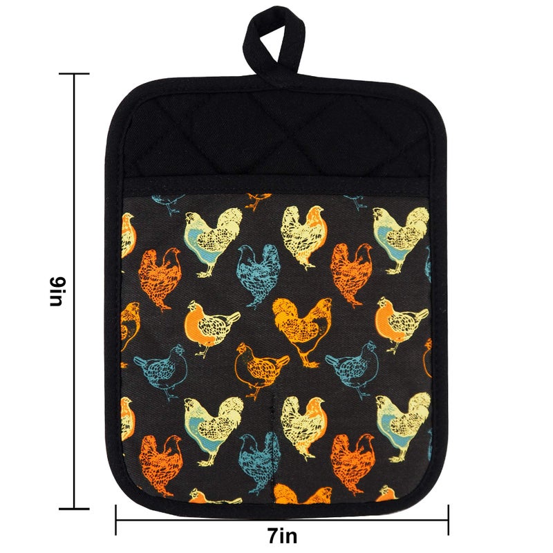RED LMLDETA Pot Holders Set of 2 Heat Resistant 480 â„‰Non Slip Clear Silicone Printed Comfortable Cotton Lining Kitchen Women Men Cooking Baking Microwave Machine Washable (Rooster, Black Potholders) - Image 2
